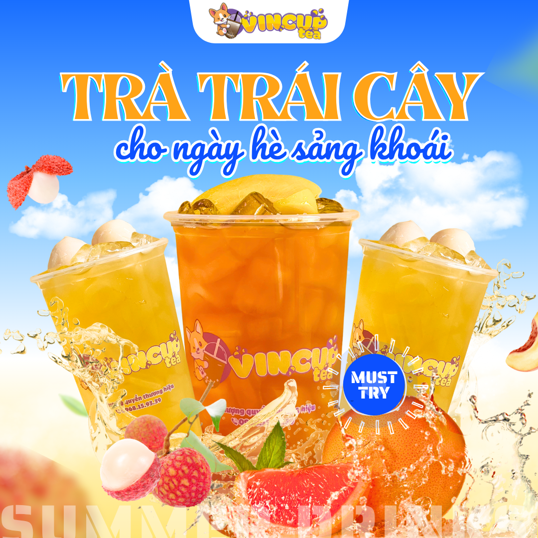 Bai dang Instagram xanh duong vang gradient hien dai ruc ro cua hang do uong giai nhiet mua he trai cay